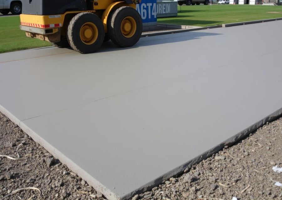 Construction roller smoothing fresh concrete slab outdoors